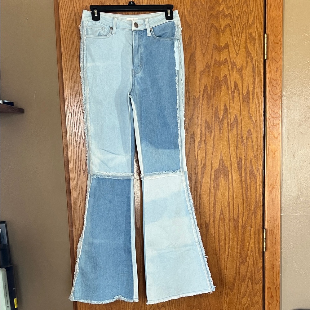 easel Two-Tone Patchwork Flare Jeans in Light and Medium Blue